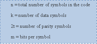 n = total number of symbols in the code k = number of data symbols2t = number of parity symbolsm = bits per symbol
